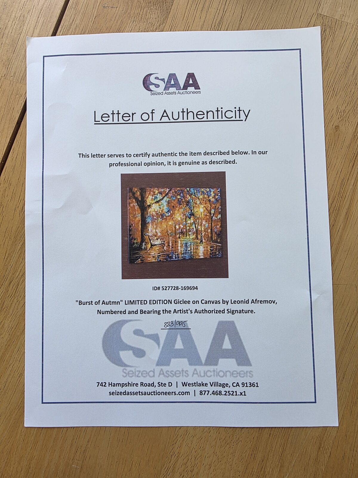 Letter of Authenticity for Curated Afremov Triptych